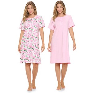 Casual Nights Women's Henley Nightshirts Set of 2, Floral Short Sleeve Nightgowns & Solid Sleepwear Shirt - 1 of 4