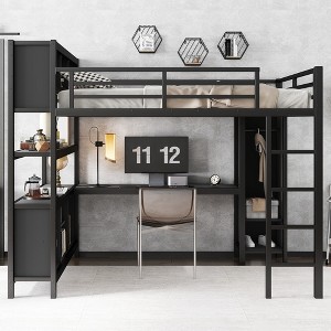 Vynxaria Metal Loft Bed with Wardrobe And L-shaped Desk, Queen Size Loft Bed with Storage Cubes and Shelves, Heavy Duty Loft Bed - 1 of 4