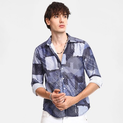 Campus Sutra Men Men's Navy Blue Abstract Block Shirt