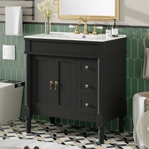 FAMYYT 30 in. Single Sink Freestanding Black Bath Vanity with White Ceramic Top, U-Shaped Shelf, 3 Drawers, Soft Close Design - 1 of 4