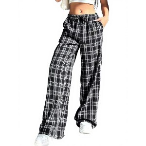 Clearlove Women Plaid Wide Leg Pants Casual High Waisted Baggy Trousers - 1 of 4