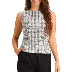 INSPIRE CHIC Women's Tweed Elegant Plaid Print Sleeveless Crew Neck Waist Buckle Back Zipper Top - 1 of 4