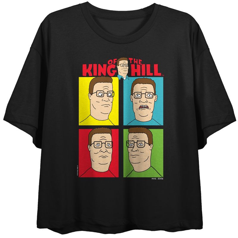 King Of The Hill Hank Hill In Colorful Rectangles Crew Neck Short Sleeve Black Women's Crop Top, 1 of 3