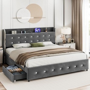 Upholstered Storage Bed with Tufted Headboard - Velvet Platform Bed, 4 Built-in Drawers, No Box Spring Needed, Nailhead Trim - 1 of 4