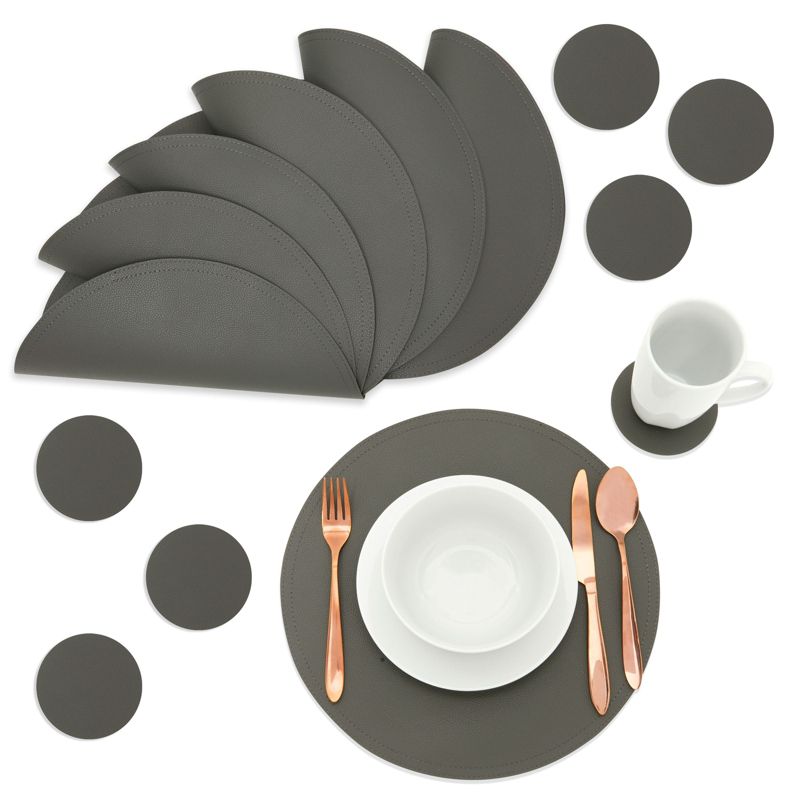 Juvale Set of 6 Faux Leather Round Placemats and 6 Circle Coasters for Dining Table, Dark Gray, 1 of 9