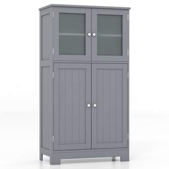 Tangkula Bathroom Storage Cabinet Freestanding Storage Cabinet w/ 4 Doors Wooden Kitchen Cupboard w/ Adjustable Shelf