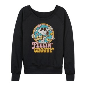 Women's - Peanuts - Feelin Groovy Snoopy And Woodstock Lightweight French Terry Wide Neck Long Sleeve Shirt - 1 of 4