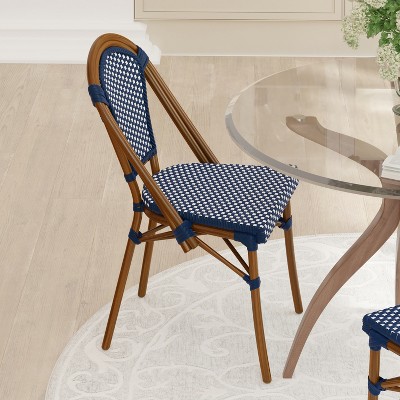 Navy and White PE Rattan Bistro Chairs with Bamboo Finish Aluminum Frame, Set of Two