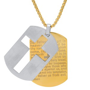 Steeltime 24" Men's two tone stainless steel Lords Prayer double dog tag pendant. Color Options: Black, Gold - 1 of 4