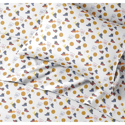 Kids Basketball Print Blue Microfiber Queen Sheet Set