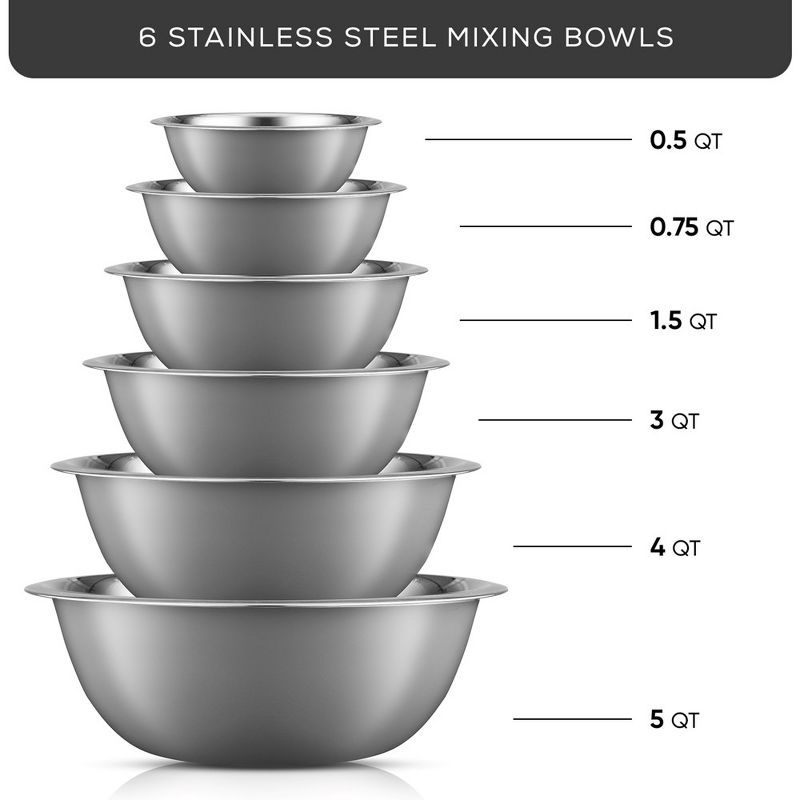 JoyJolt Stainless Steel Food Mixing Bowl Set of 6 Kitchen Mixing Bowls - Grey, 3 of 7