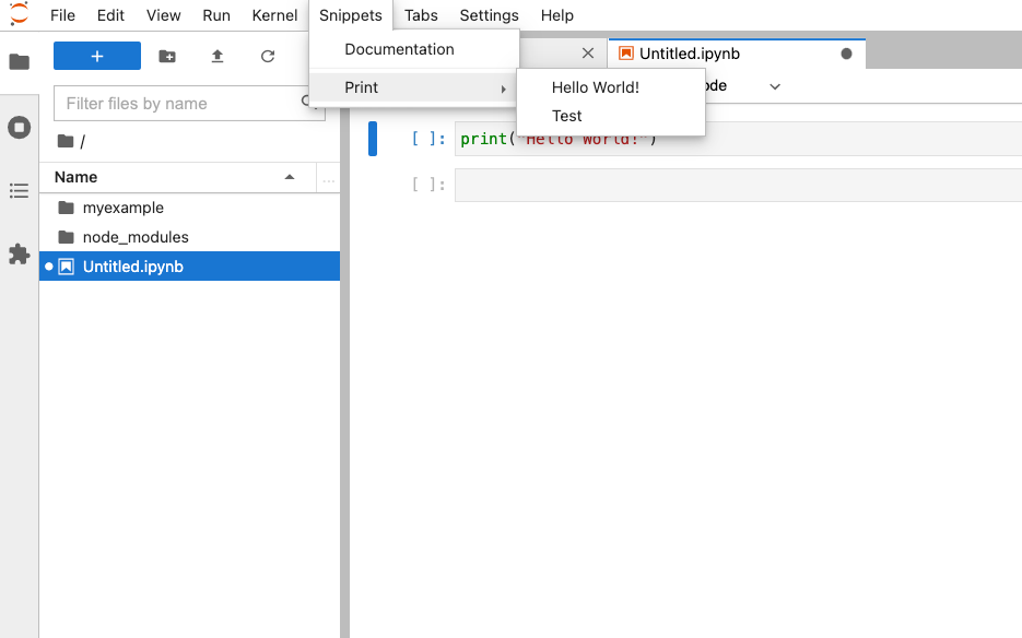 screenshot from terminal in JupyterLab showing the "snippets" top nav menu item selected, with "Documentation" and "Print" available in the drop-down