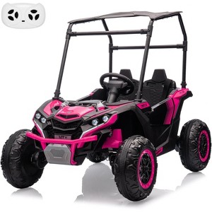 24V Ride On Utv for Kids, 2 Seater Electric Truck with Sun Shade,4WD Electric Car Toy with Remote Control, Led Lights, Music Player, Pink - 1 of 4