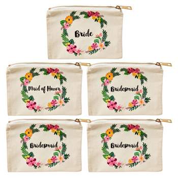 Juvale 5 Pack Canvas Cosmetic Makeup Bags, Bridesmaids Gifts for Wedding, Bridal Shower, Floral Wreath Design, 7.2 x 4.7 in