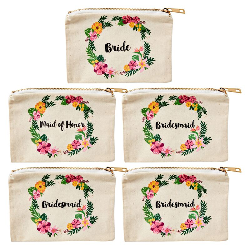Juvale 5 Pack Canvas Cosmetic Makeup Bags, Bridesmaids Gifts for Wedding, Bridal Shower, Floral Wreath Design, 7.2 x 4.7 in, 1 of 8