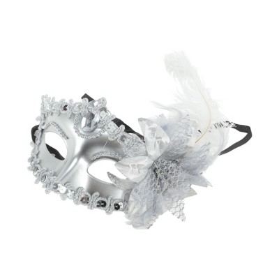 Unique Bargains Ostrich Feather Half Face Party Mask Silver Tone 1 Pc