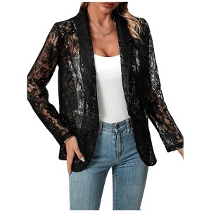 BLUEMING Womens Open Front Lace Blazers Long Sleeve Floral Crochet Shrug Cover Ups Casual Blazers Jacket - 1 of 4