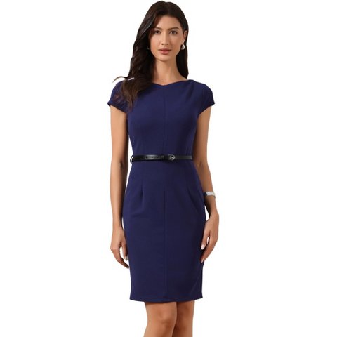 Женские платья INSPIRE CHIC Women's Work Cap Sleeve Belted Bodycon Elegant Business Sheath Dress Medium Dark Blue