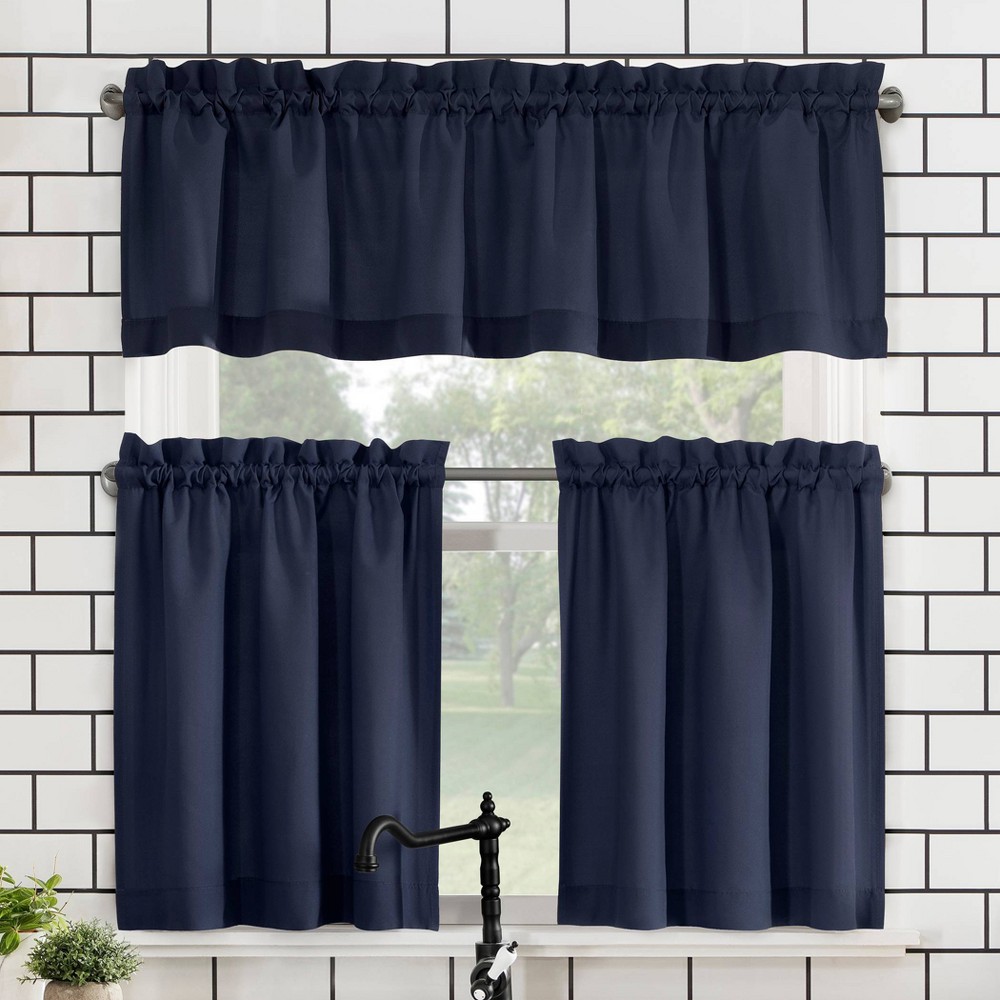 Set of 3 (36"x27") Martine Microfiber Semi-Sheer Rod Pocket Kitchen Curtain Valance and Tiers Set Dark Blue - No. 918