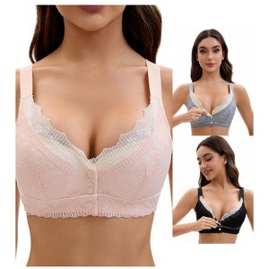 INSPIRE CHIC Front Closure for Women's Lace Full Coverage V Neck Wirefree Adjustable Straps Bras 3 Packs - 1 of 4