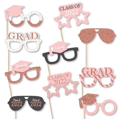 Big Dot of Happiness Rose Gold Grad Glasses - 2022 Paper Card Stock Graduation Party Photo Booth Props Kit - 10 Count