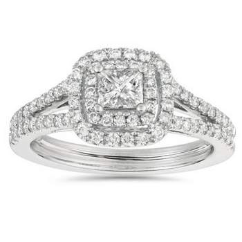 Pompeii3 1ct Princess Cut Diamond Double Halo Engagement Ring 14K White Gold - Size 7