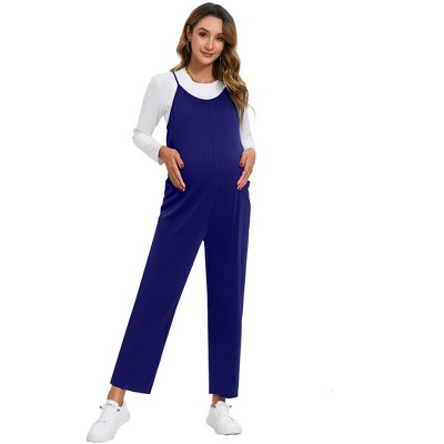 Coolmee Women's Maternity Jumpsuits Casual Adjustable Spaghetti Strap Jogger Overalls Outfits Pregnancy Rompers with Pockets M Blue