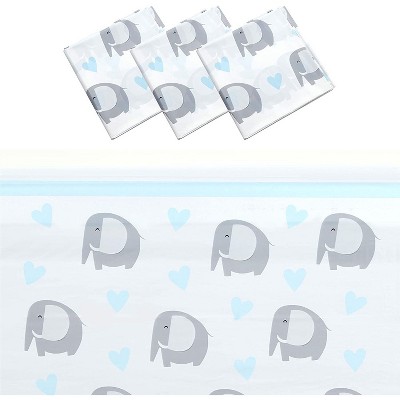 Blue Panda 3 Pack Elephant Tablecloth for Boy Baby Shower, Disposable Plastic Table Cover 54 x 108 in