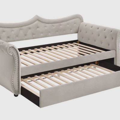 Beige Twin Upholstered Sleigh Daybed with Trundle and Nailhead Trim