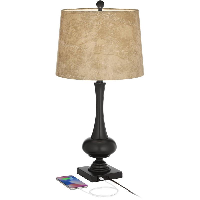 Franklin Iron Works Ross Rustic Farmhouse Table Lamps 27" Tall Set of 2 Bronze with USB Charging Port Faux Leather Drum Shade for Living Room Desk, 3 of 10