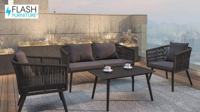 Flash Furniture Kierra Black All-Weather 4-Piece Woven Conversation Set with Gray Zippered Removable Cushions & Metal Coffee Table, 2 of 17, play video