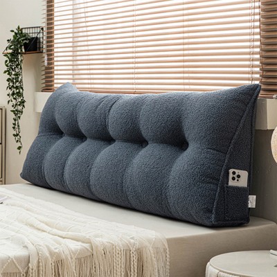 Soft Wedge Teddy Velvet Headboard Pillow w/ Side Pocket - PP Cotton Filled, Triangular Backrest Cushion for Dorm Bed