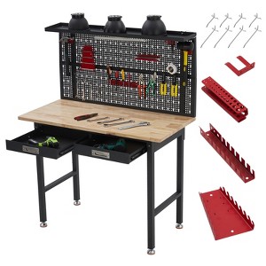 48''/60'' Garage Workbench, 2000 Lbs Capacity Heavy Duty Work Bench with Drawers, Pegboard, 20 Hooks, Thick Rubberwood Top for Warehouse - 1 of 4