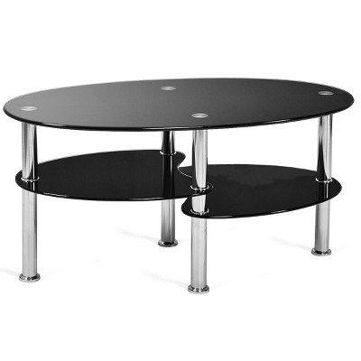 Tangkula Oval Dining Table Tempered Glass Top Tea Table Chrome Base Living Room