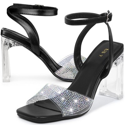 Allegra K Women's Rhinestone Clear Heeled Ankle Strap Sandals