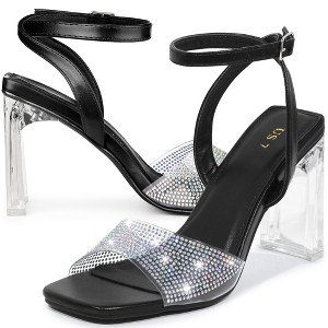 Allegra K Women's Rhinestone Clear Heeled Ankle Strap Sandals - 1 of 4