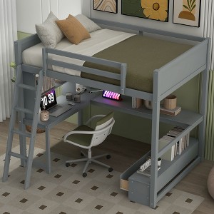 Whisen Full Size Loft Bed with L-shaped Multi-storage Desk, Storage Bench, LED light and USB Charging Station - 1 of 4