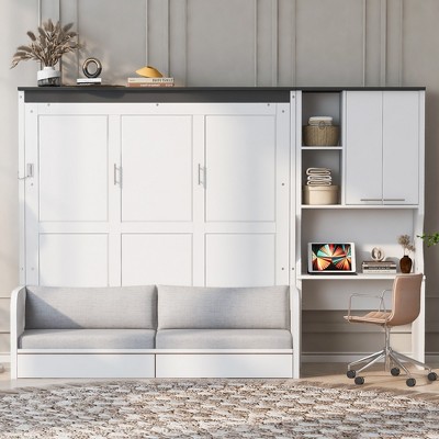 TIRAMISUBEST Multi-Functional Full/Queen size Murphy Bed Wall Bed with Sofa, Desk and Storage Cabinet, Space-Saving Foldable Design Murphy Cabinet Bed