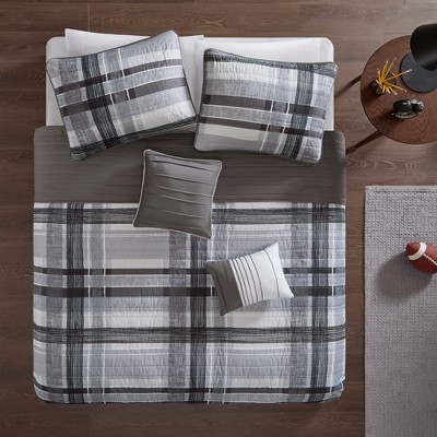 5pc Full/Queen Slate Plaid Coverlet Set Black