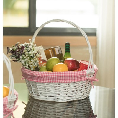 White Wicker Round Basket with Pink Gingham Liner