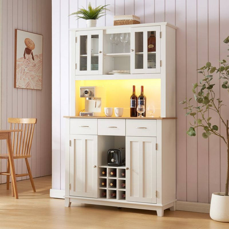 70.9"H Sideboard, Buffet Storage Table with 3 Drawers, 9 Wine Bottle Holders, LED Lights and Outlet, White, 4A -ModernLuxe, 1 of 12