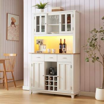 70.9"H Sideboard, Buffet Storage Table with 3 Drawers, 9 Wine Bottle Holders, LED Lights and Outlet, White, 4A -ModernLuxe