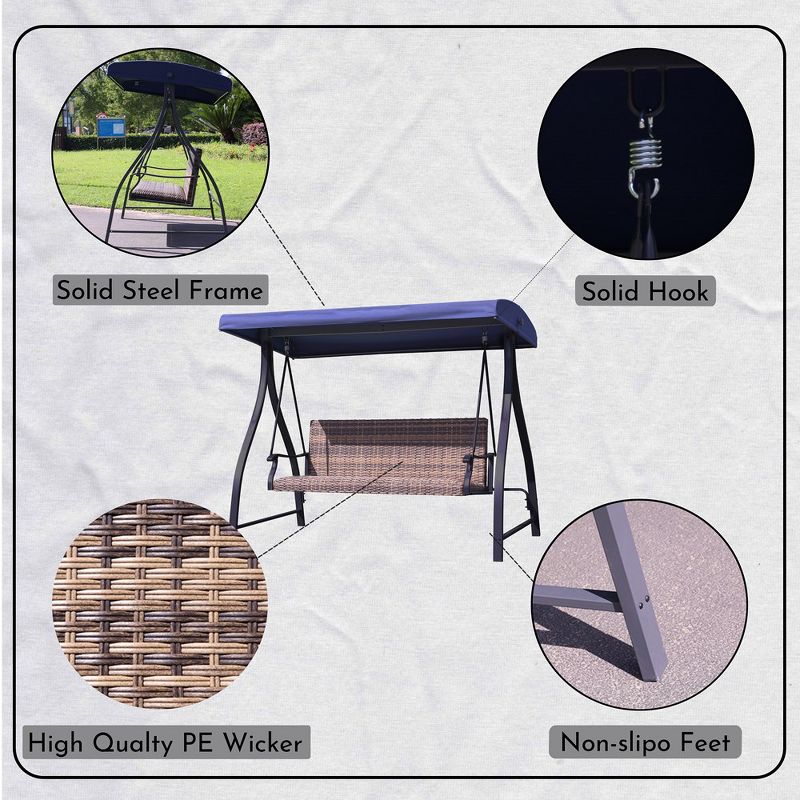 Aoodor Outdoor Rattan Patio Swing with Adjustable Canopy, Built-in Quick-drying Foam Seat, Stylish Design,for Porch,Garden,Yard, 4 of 10