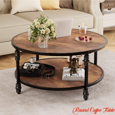 Round Coffee Table for Living Room Rustic Center Table with Storage Shelf Wood Circle Coffee Table with Sturdy Metal Legs, Easy Assembly