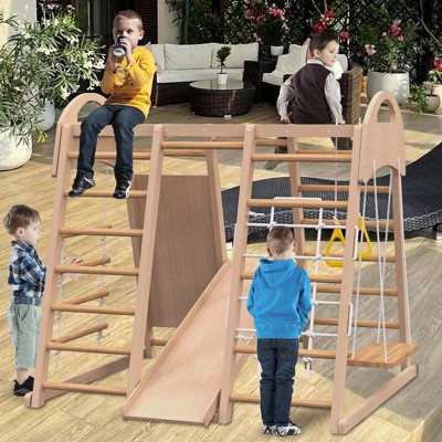 VisioGear Climb Set, Indoor Playground Gym Playset with Slide, Climbing Wall, Rope Wall Climber for Kids, Natural Wood, 55.10"*53.15"*47.24"