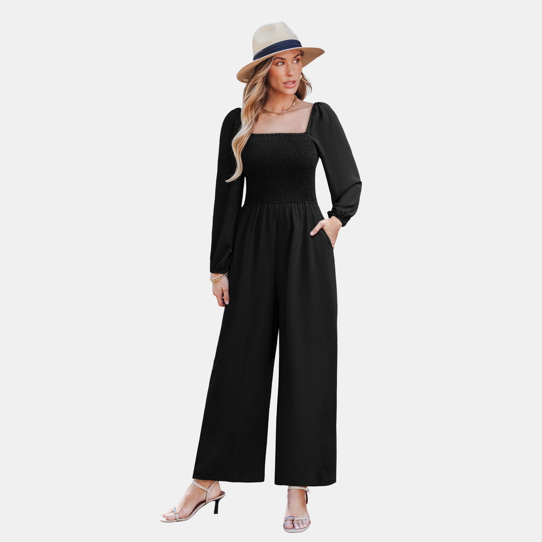 Women's Elegant Black Long Sleeve Wide-Leg Jumpsuit - Cupshe-M-Black
