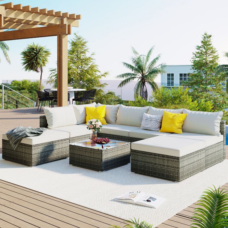 8-Pieces Outdoor Patio Furniture Sets, Garden Conversation Wicker Sofa Set, Single Sofa Combinable,Gray Wicker-Maison Boucle, 1 of 10