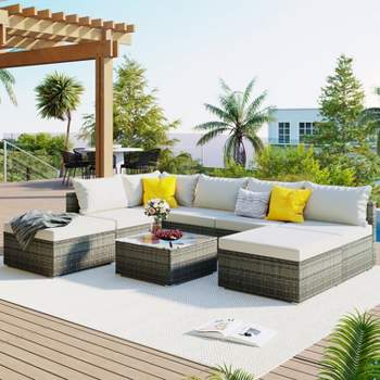 8-Pieces Outdoor Patio Furniture Sets, Garden Conversation Wicker Sofa Set, Single Sofa Combinable,Gray Wicker-Maison Boucle