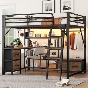 Whisen Full Size Metal Loft Bed with Desk, Light, Storage Shelves, Wardrobe & Drawers, Comfortable and Safe - 1 of 4