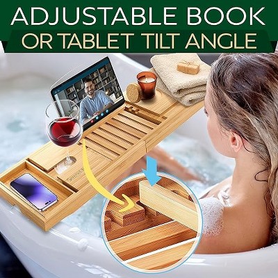 Adjustable Natural Bamboo Bathtub Caddy with Glass Holder